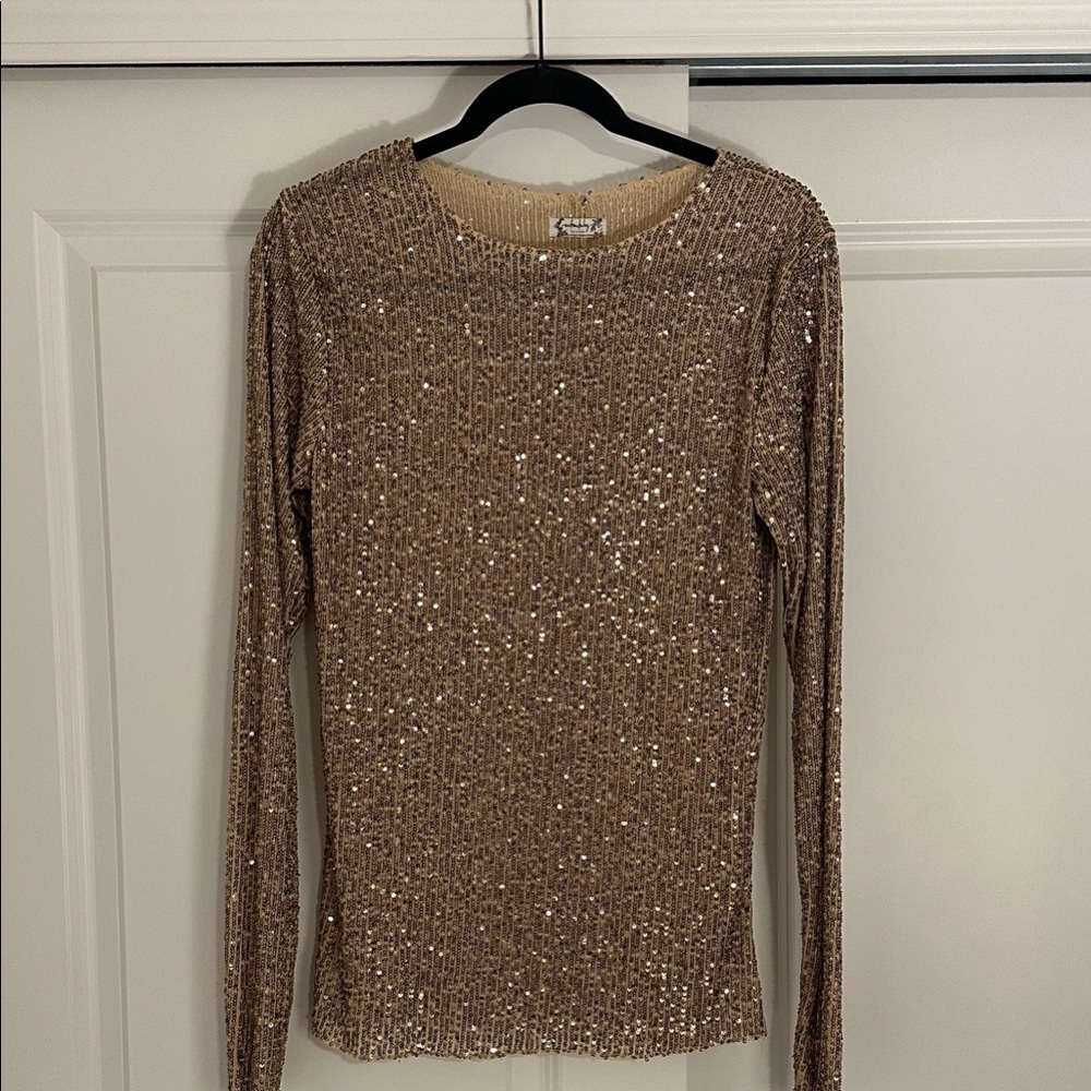 Free People Sequins Gold Long Sleeve Top Sz M